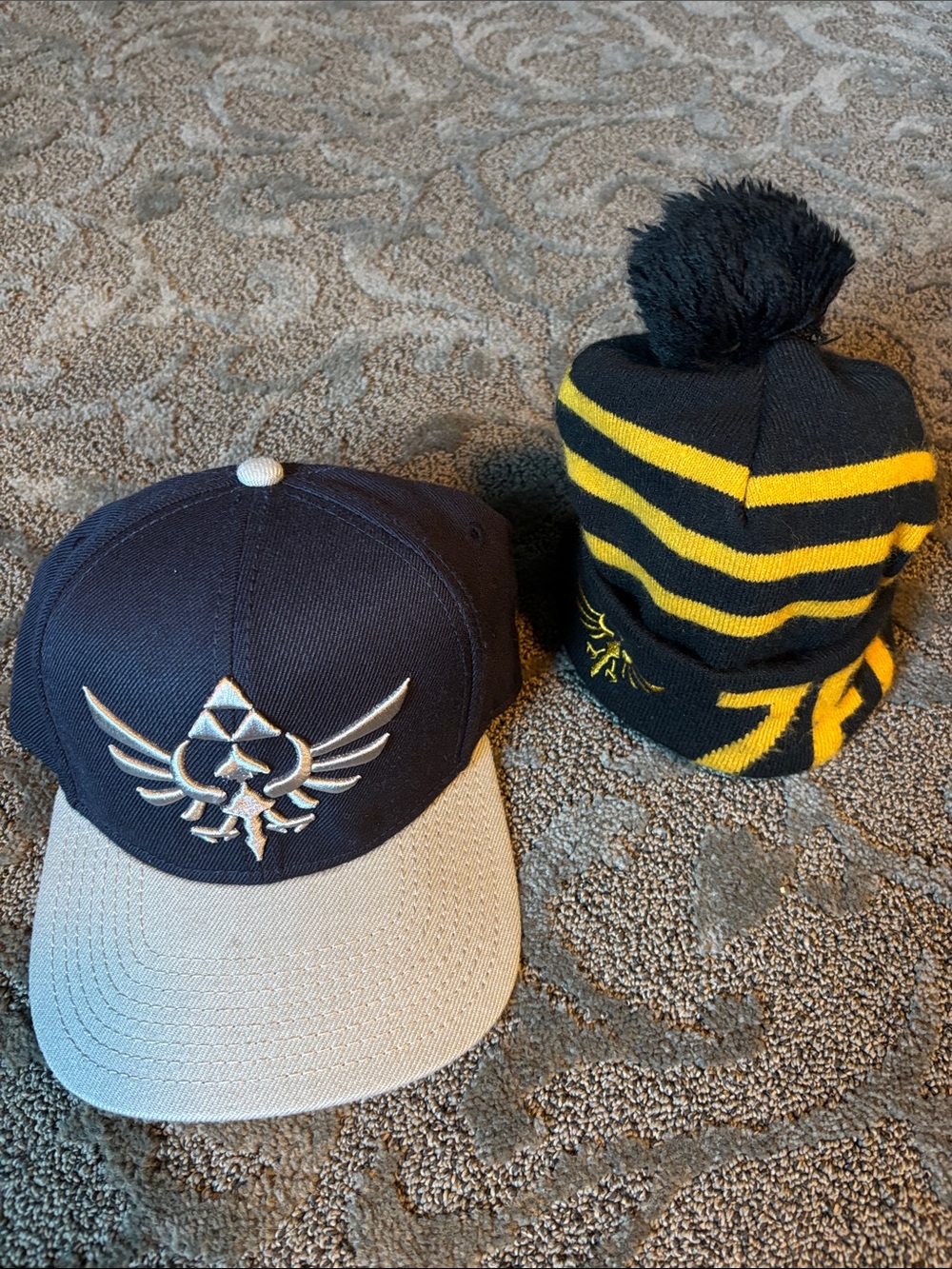 Nintendo Zelda Navy & Gray Snapback Cap +Black & Yellow Striped Zelda Pom Beanie